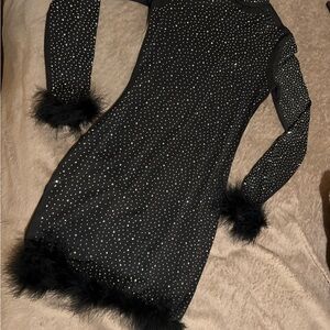Black Beaded Dress with Feather Trim